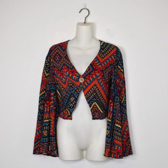 Luukse Multicolor Boho Crop Top Sz S Button Front Southwestern Tribal Dance - Picture 1 of 16